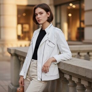 INC International Concepts White Moto Jacket Women's M Cotton Spandex Zip Pocket